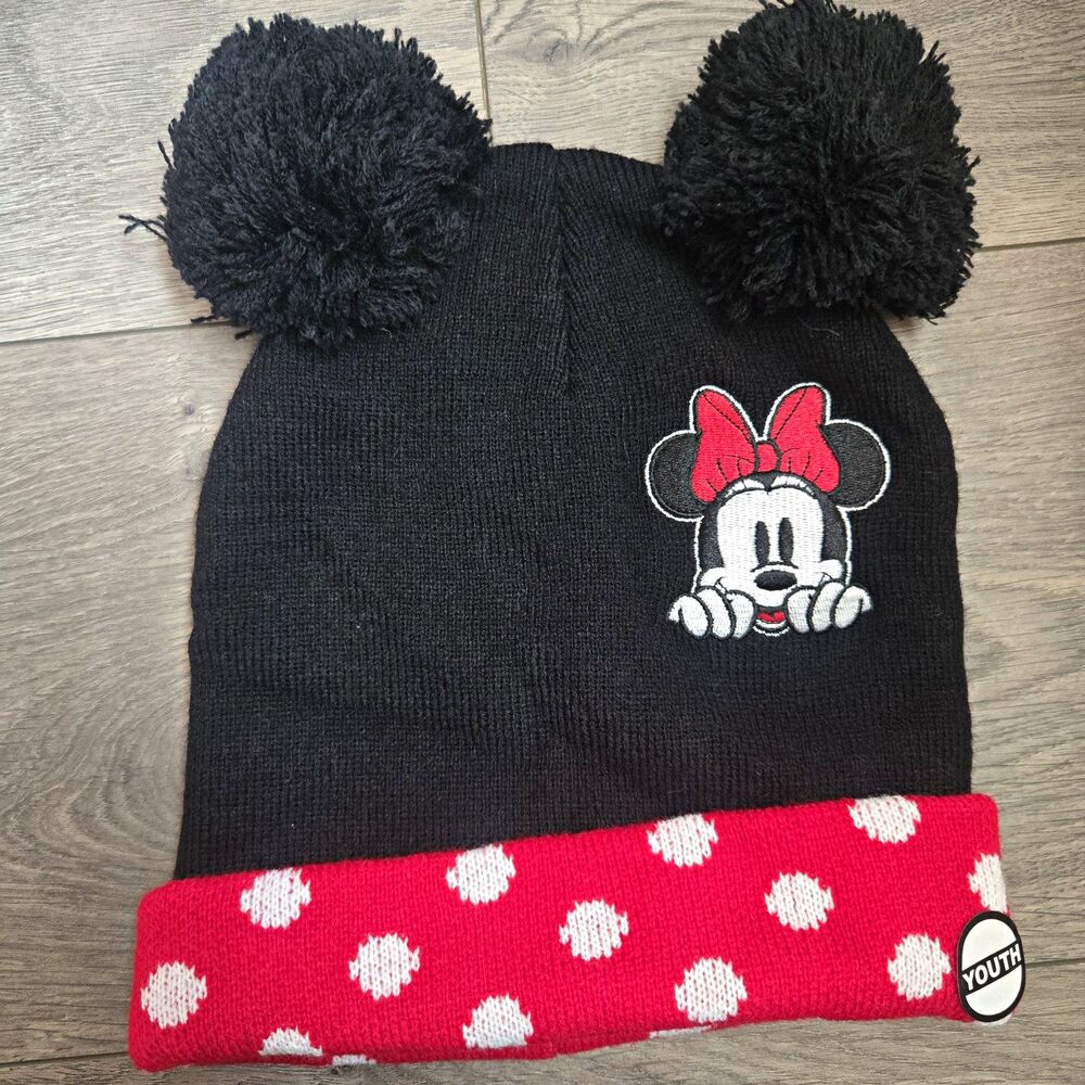 Disney Minnie Mouse Beanie Youth One Size Double Pom Pom Polka Dot Knit Hat NWOT